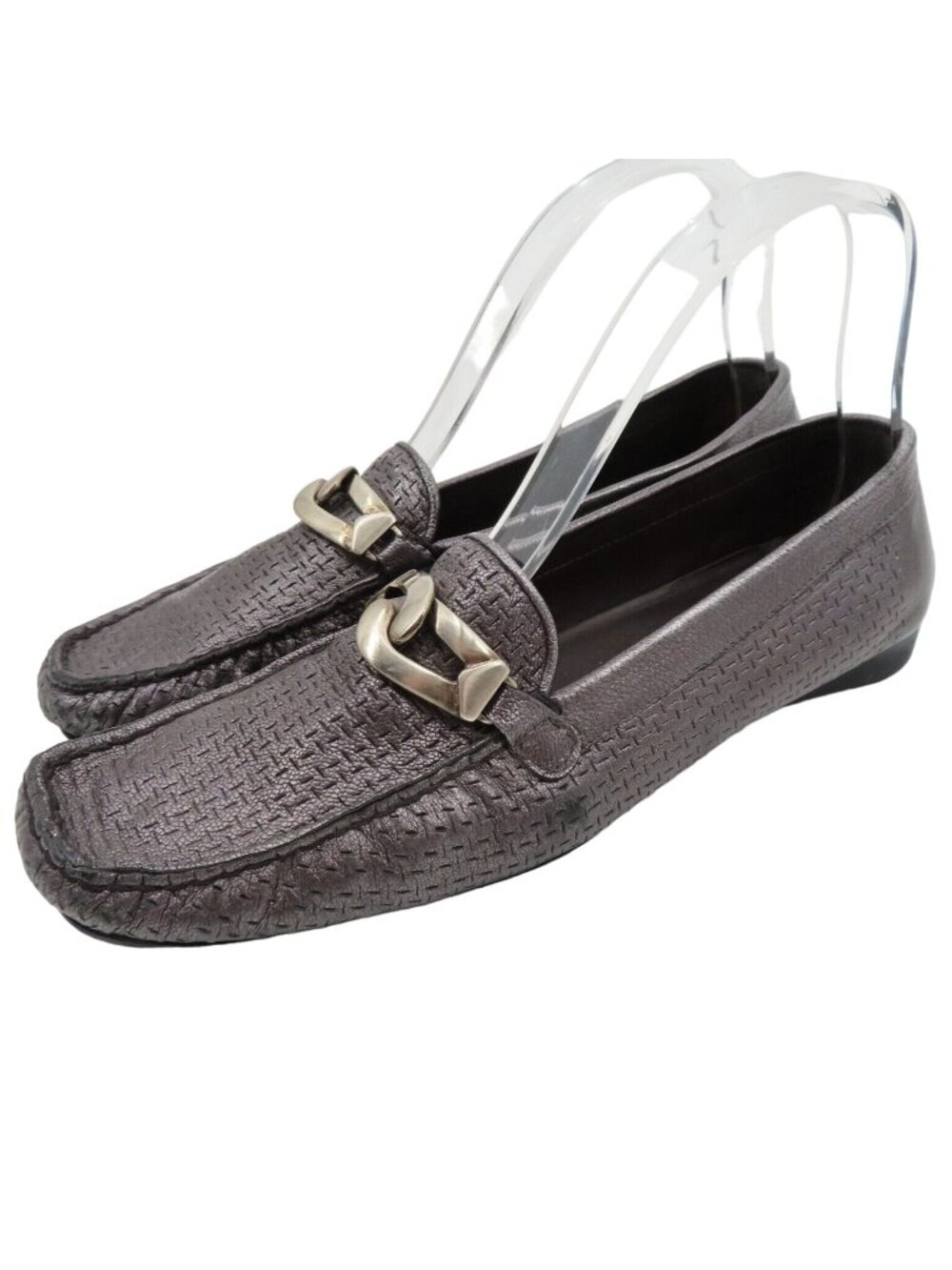 Stuart Weitzman 9.5 SS Pewter Silver Textured Chain Square Toe Loafers Flats